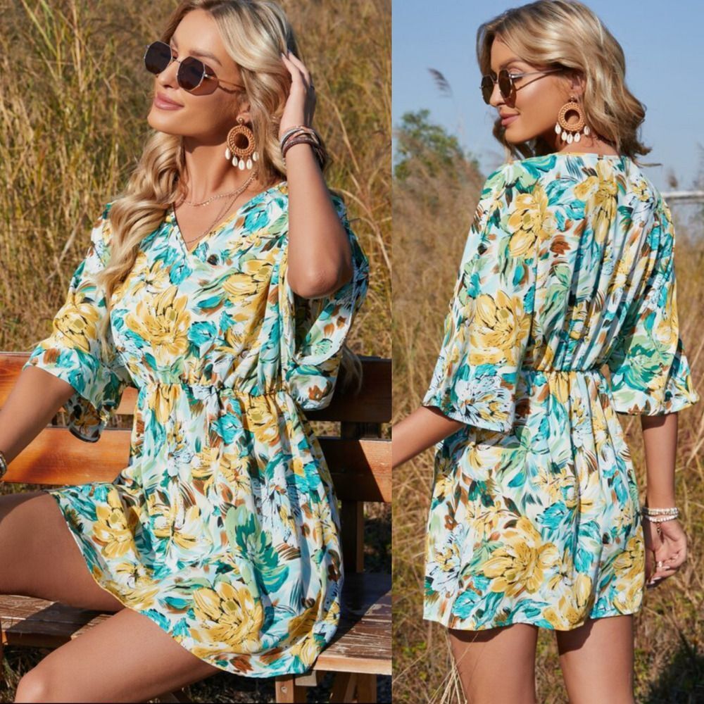 SHEIN Dolman Sleeve Floral Print Mini Swing Dress Large Spring Tropical Yellow